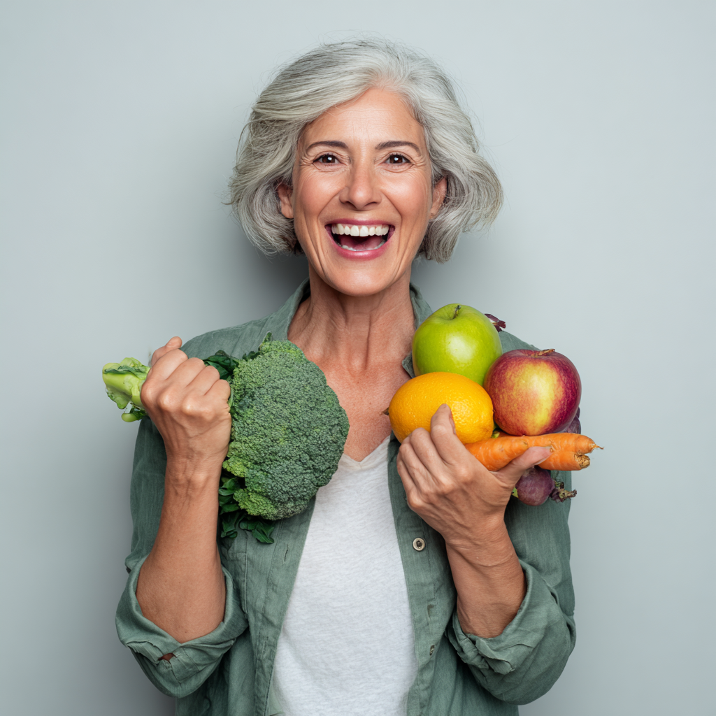 Жена на 52 години със здравословна усмивка държи плодове и зеленчуци, изглежда енергично и щастливо