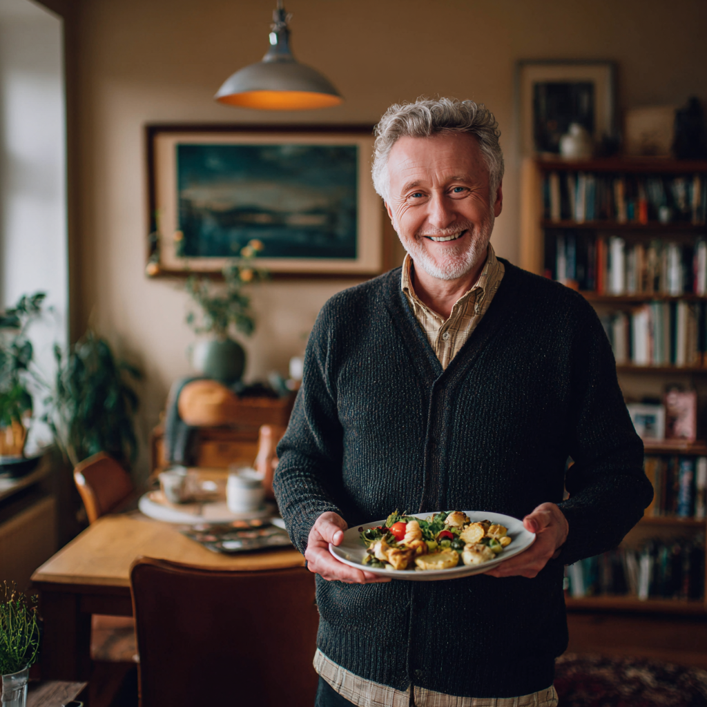 Мъж на 58 години с усмивка държи чиния със здравословна храна, в хубаво осветена трапезария