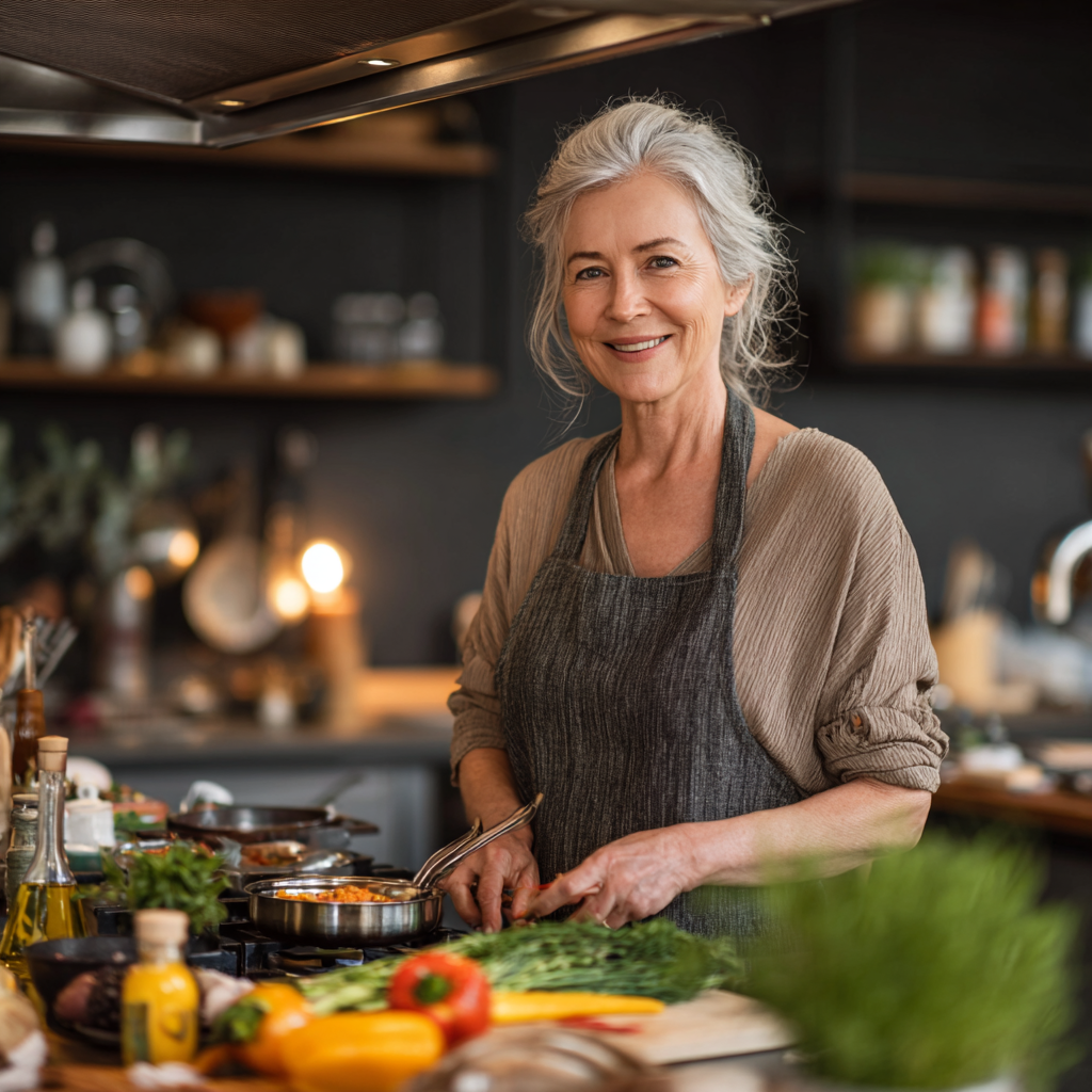 Усмихната жена на 55 години, готви здравословна храна в модерна кухня, с изражение на удовлетворение и радост